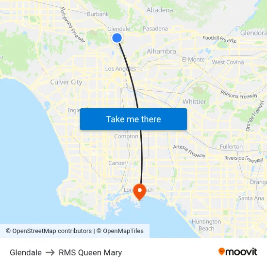 Glendale to RMS Queen Mary map
