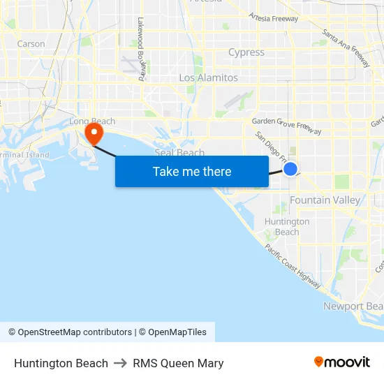 Huntington Beach to RMS Queen Mary map