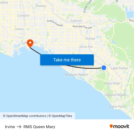 Irvine to RMS Queen Mary map