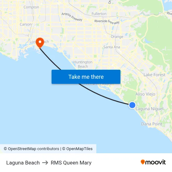 Laguna Beach to RMS Queen Mary map