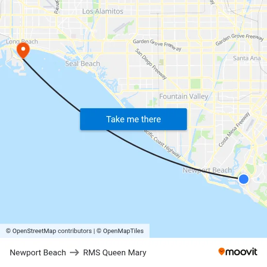 Newport Beach to RMS Queen Mary map