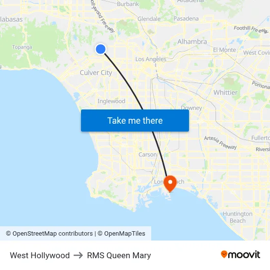 West Hollywood to RMS Queen Mary map