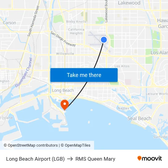 Long Beach Airport (LGB) to RMS Queen Mary map
