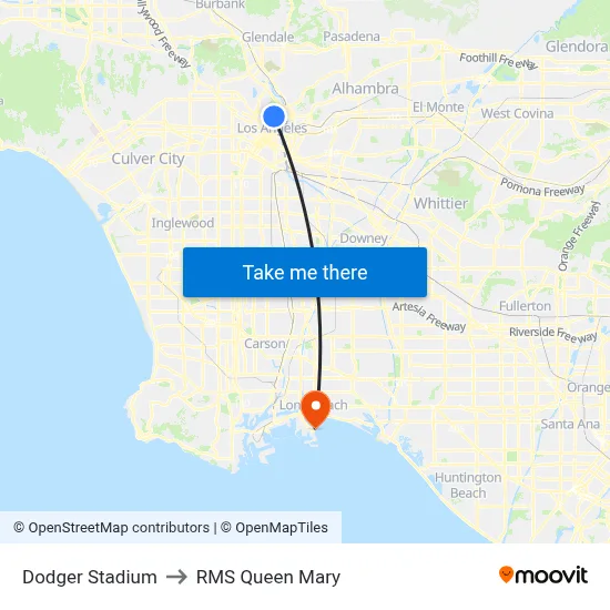Dodger Stadium to RMS Queen Mary map