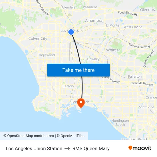 Los Angeles Union Station to RMS Queen Mary map