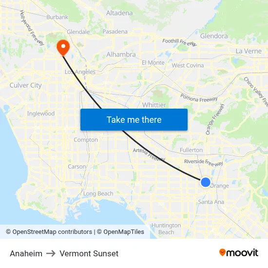 Anaheim to Vermont Sunset map