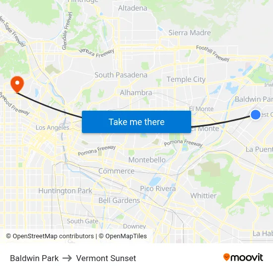 Baldwin Park to Vermont Sunset map