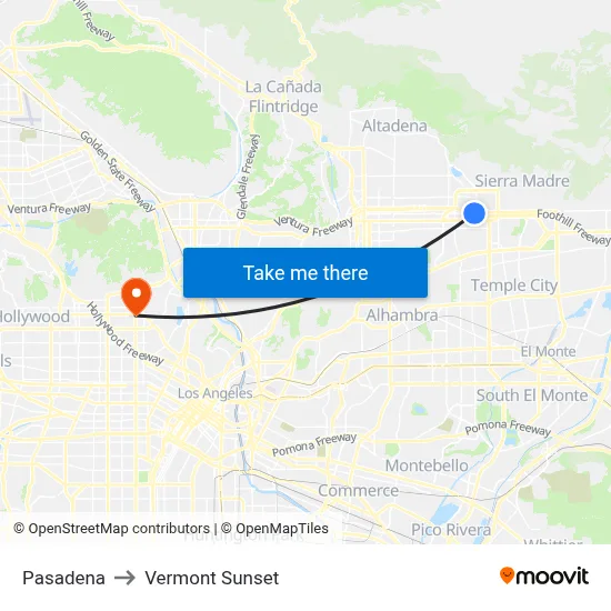 Pasadena to Vermont Sunset map