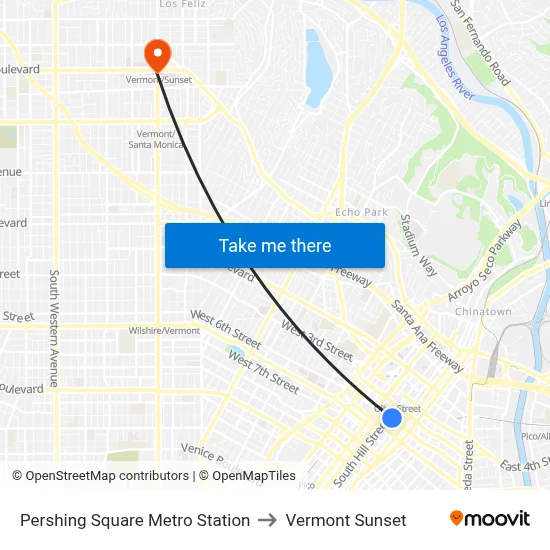 Pershing Square Metro Station to Vermont Sunset map