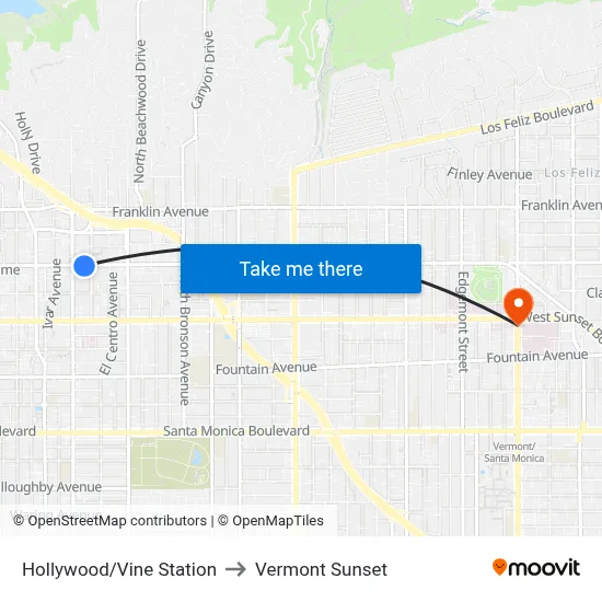 Hollywood/Vine Station to Vermont Sunset map