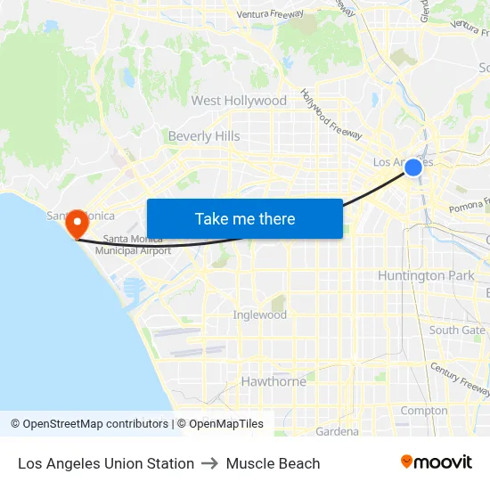 Los Angeles Union Station to Muscle Beach map