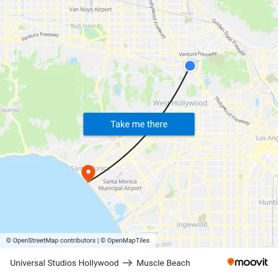 Universal Studios Hollywood to Muscle Beach map