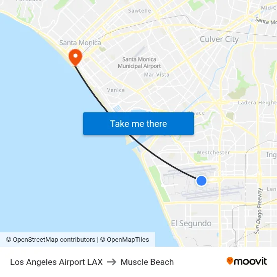 Los Angeles Airport LAX to Muscle Beach map