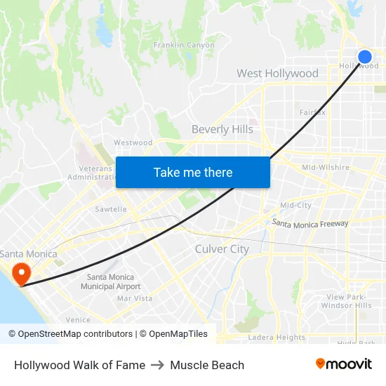 Hollywood Walk of Fame to Muscle Beach map