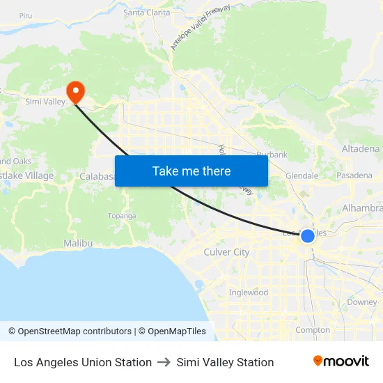 Los Angeles Union Station to Simi Valley Station map