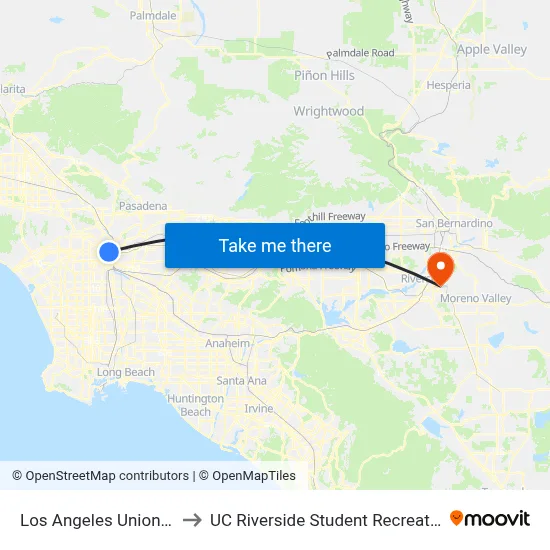 Los Angeles Union Station to UC Riverside Student Recreation Center map
