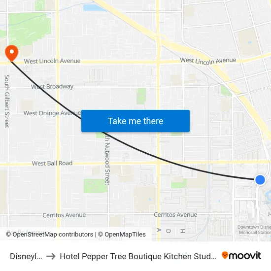 Disneyland to Hotel Pepper Tree Boutique Kitchen Studios Anaheim map