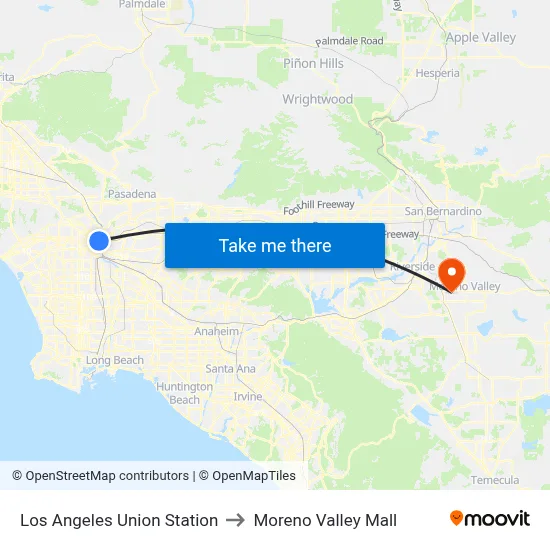 Los Angeles Union Station to Moreno Valley Mall map