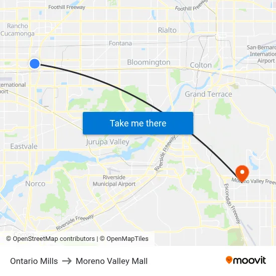 Ontario Mills to Moreno Valley Mall map