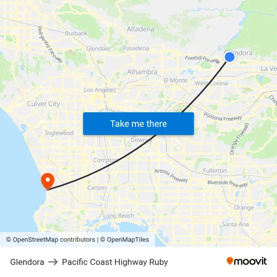 Glendora to Pacific Coast Highway Ruby map