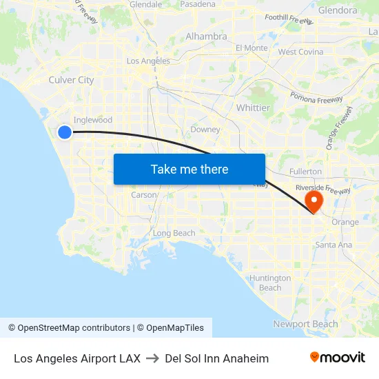 Los Angeles Airport LAX to Del Sol Inn Anaheim map