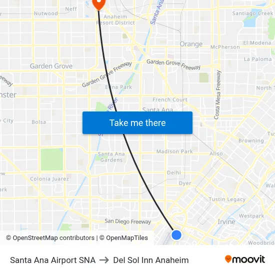 Santa Ana Airport SNA to Del Sol Inn Anaheim map