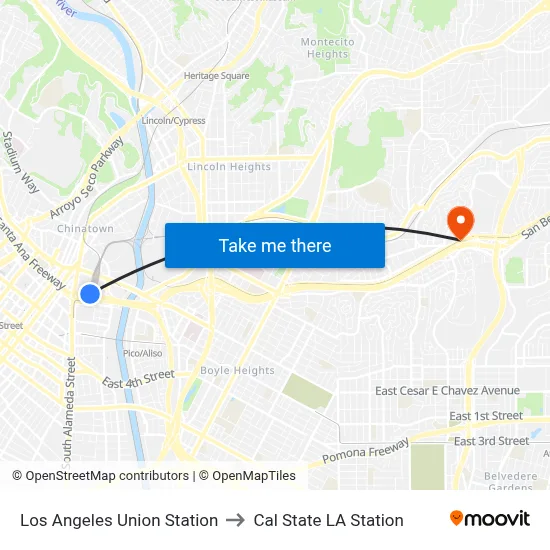 Los Angeles Union Station to Cal State LA Station map