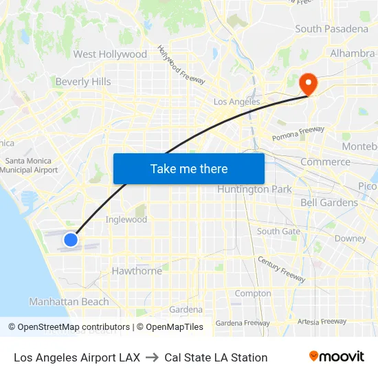 Los Angeles Airport LAX to Cal State LA Station map