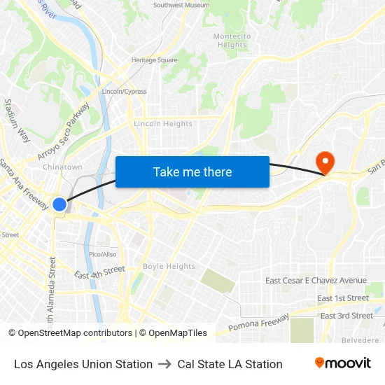Los Angeles Union Station to Cal State LA Station map