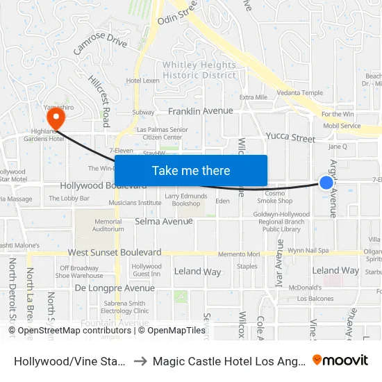 Hollywood/Vine Station to Magic Castle Hotel Los Angeles map