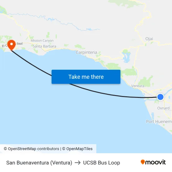 San Buenaventura (Ventura) to UCSB Bus Loop map