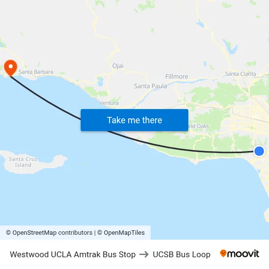 Westwood UCLA Amtrak Bus Stop to UCSB Bus Loop map