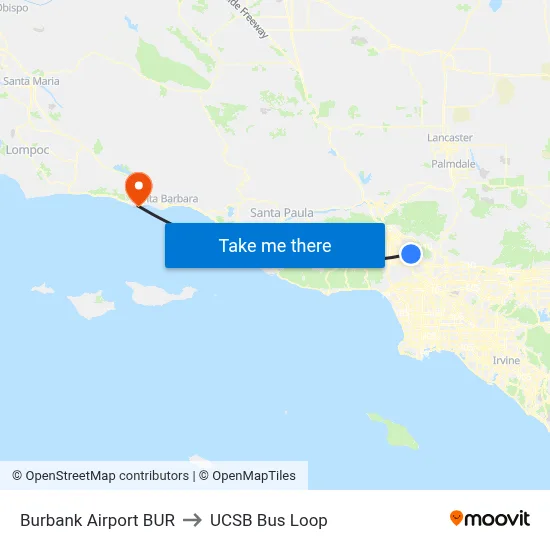 Burbank Airport BUR to UCSB Bus Loop map