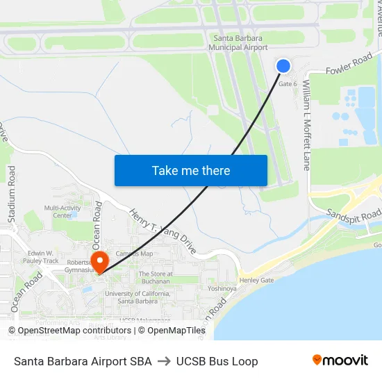 Santa Barbara Airport SBA to UCSB Bus Loop map