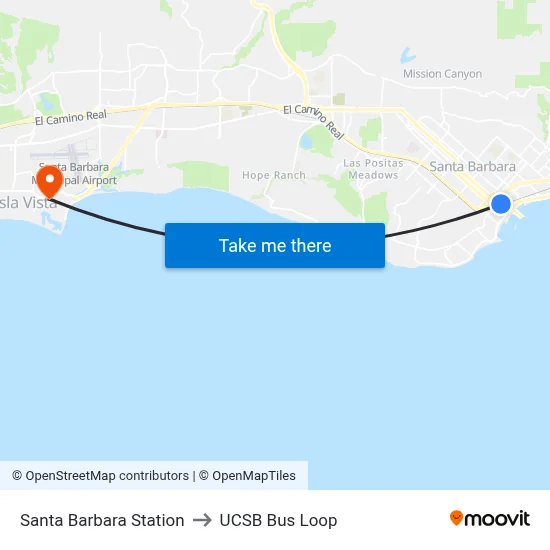 Santa Barbara Station to UCSB Bus Loop map