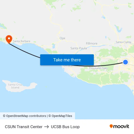 CSUN Transit Center to UCSB Bus Loop map