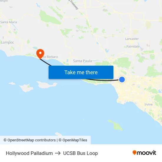 Hollywood Palladium to UCSB Bus Loop map