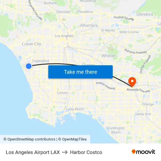 Los Angeles Airport LAX to Harbor Costco map