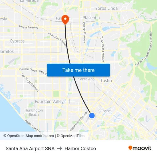 Santa Ana Airport SNA to Harbor Costco map