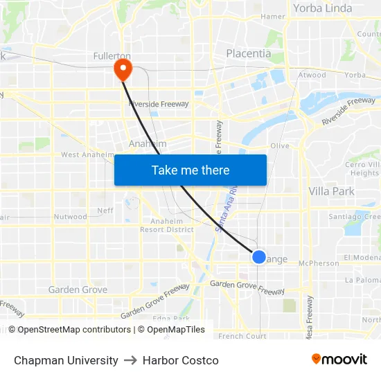 Chapman University to Harbor Costco map