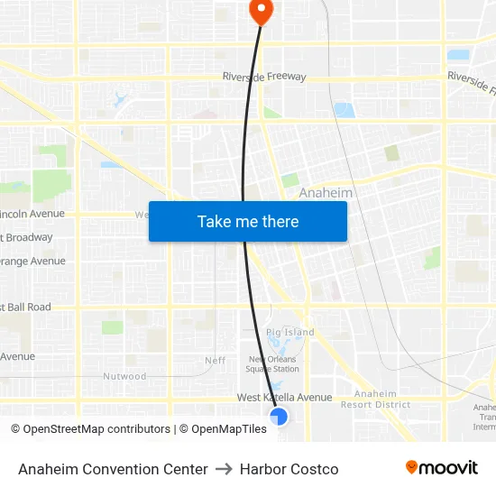 Anaheim Convention Center to Harbor Costco map