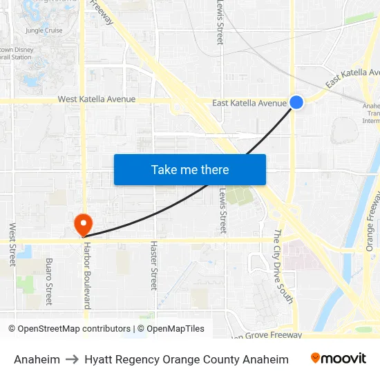 Anaheim to Hyatt Regency Orange County Anaheim map