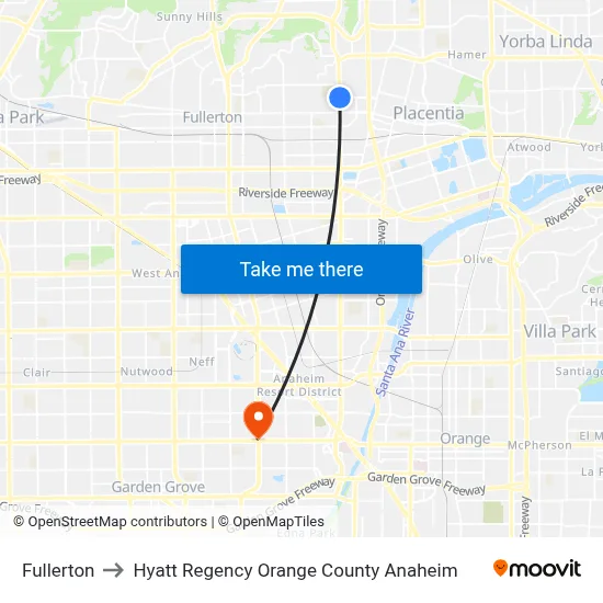 Fullerton to Hyatt Regency Orange County Anaheim map
