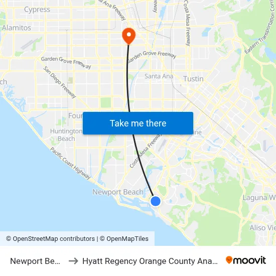 Newport Beach to Hyatt Regency Orange County Anaheim map