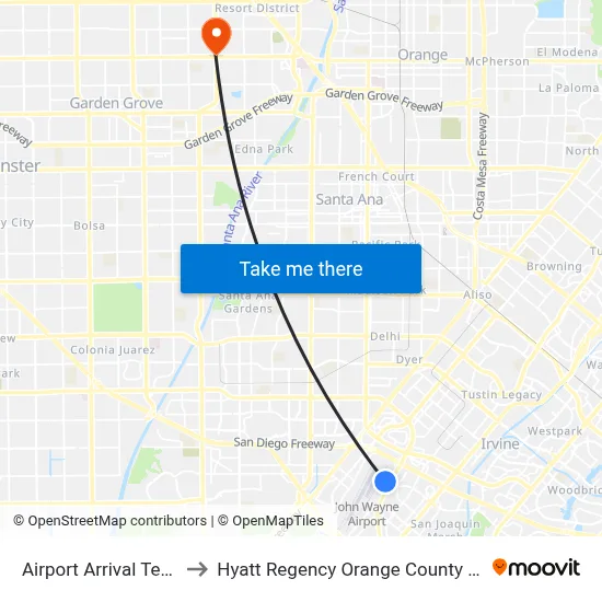 Airport Arrival Terminal to Hyatt Regency Orange County Anaheim map