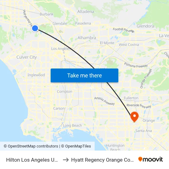 Hilton Los Angeles Universal City to Hyatt Regency Orange County Anaheim map
