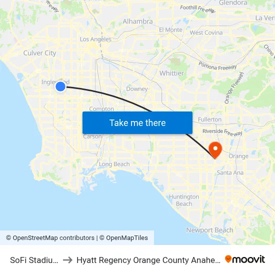 SoFi Stadium to Hyatt Regency Orange County Anaheim map