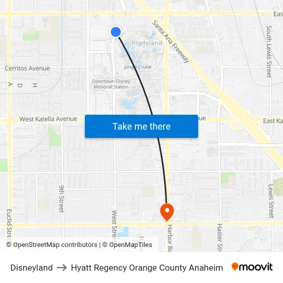 Disneyland to Hyatt Regency Orange County Anaheim map
