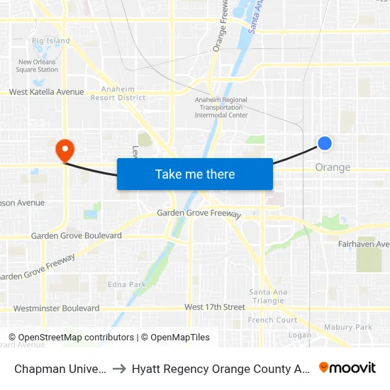 Chapman University to Hyatt Regency Orange County Anaheim map