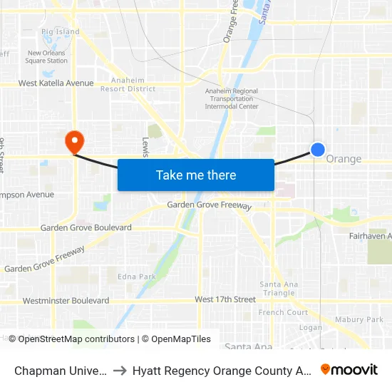 Chapman University to Hyatt Regency Orange County Anaheim map
